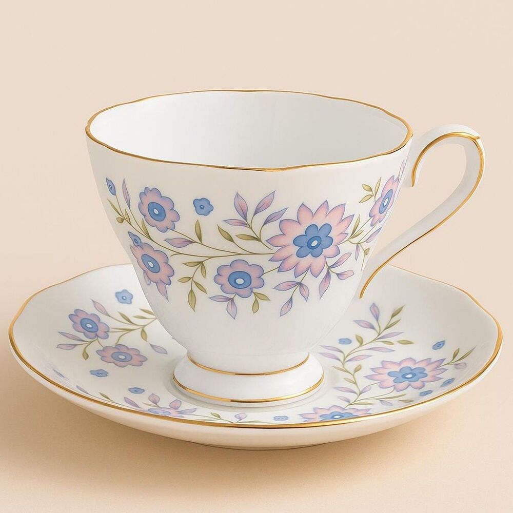 Vintage Avon Teacup & Saucer Set – 1978 Blue Blossoms, Fine Bone China